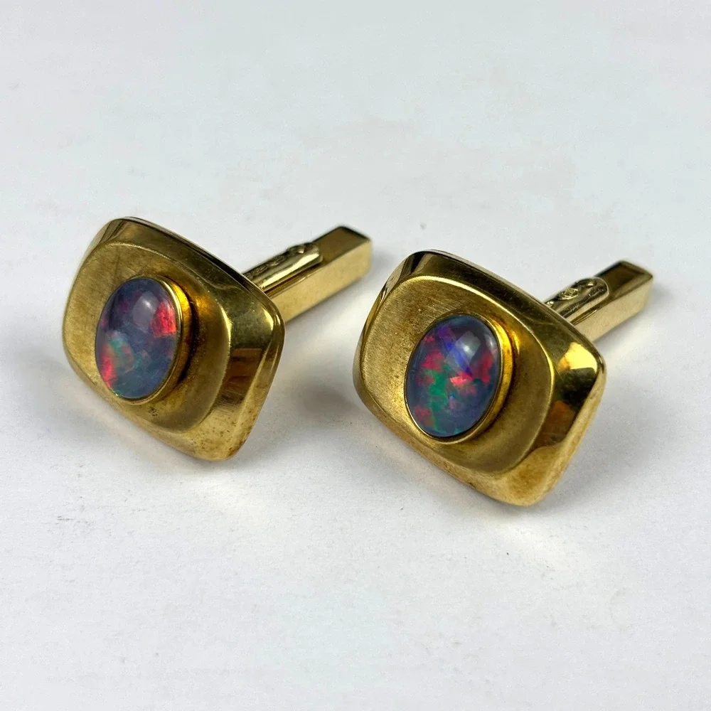 Vintage Rolled Gold Black Opal Cufflinks Oval Fire Inlay Mid Century Men's